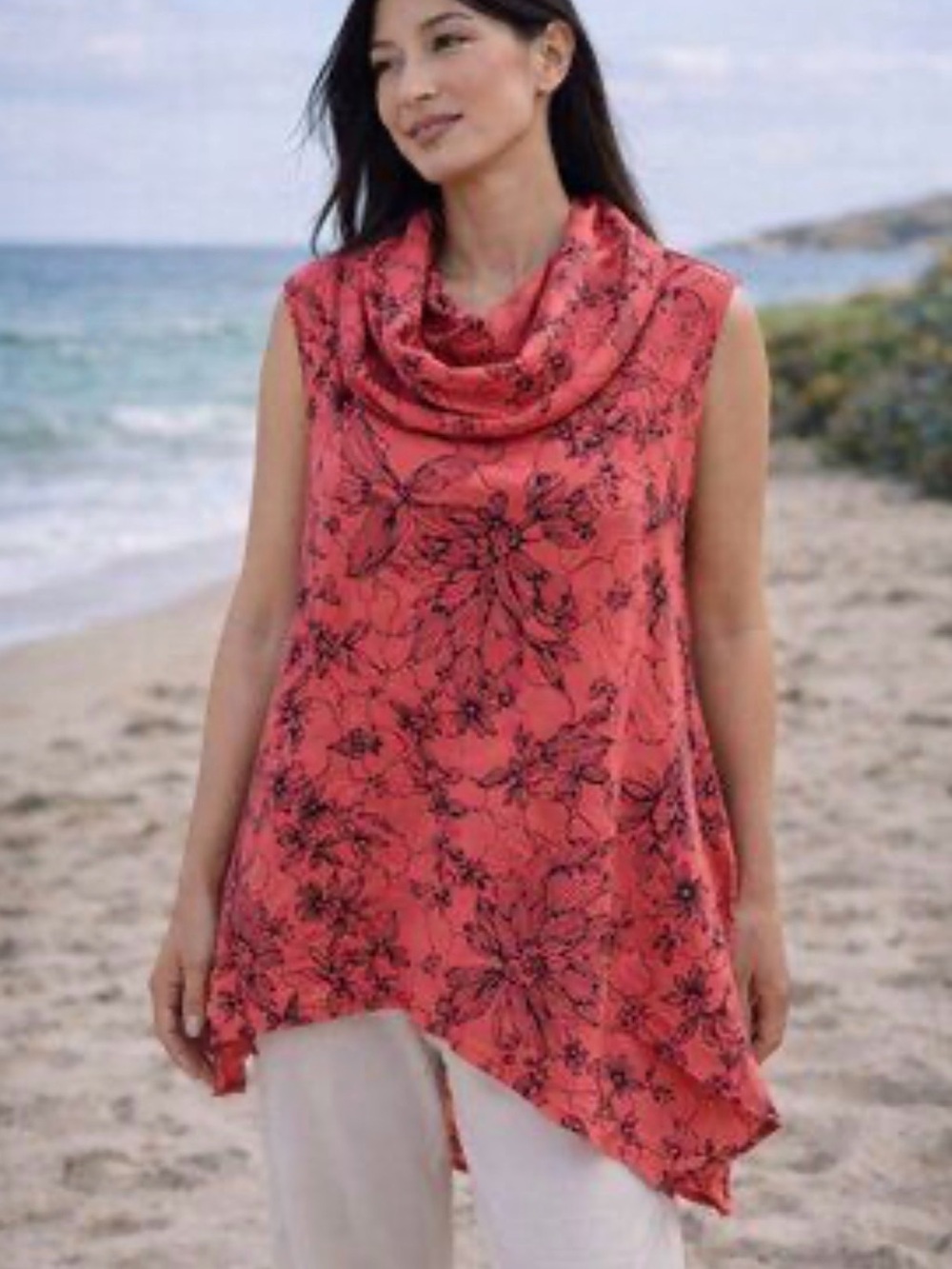 Bryan Walker Longline Cowlneck Sleeveless Floral Tunic Top